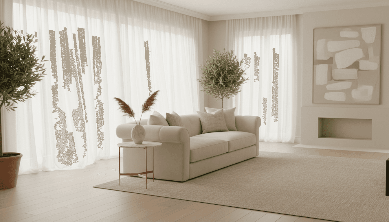 Serene luxury living room in soft morning light with neutral tones