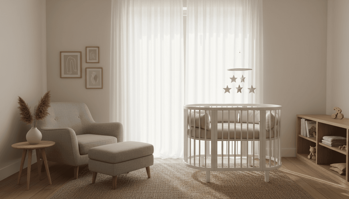 A serene, sunlit nursery with soft neutral tones and elegant furnishings