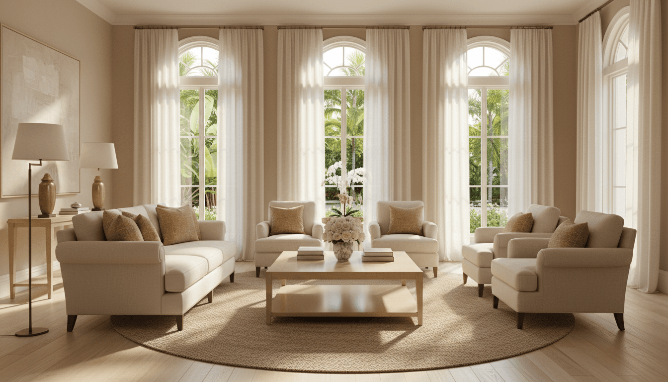 Sunlit luxury living room with neutral tones and garden views