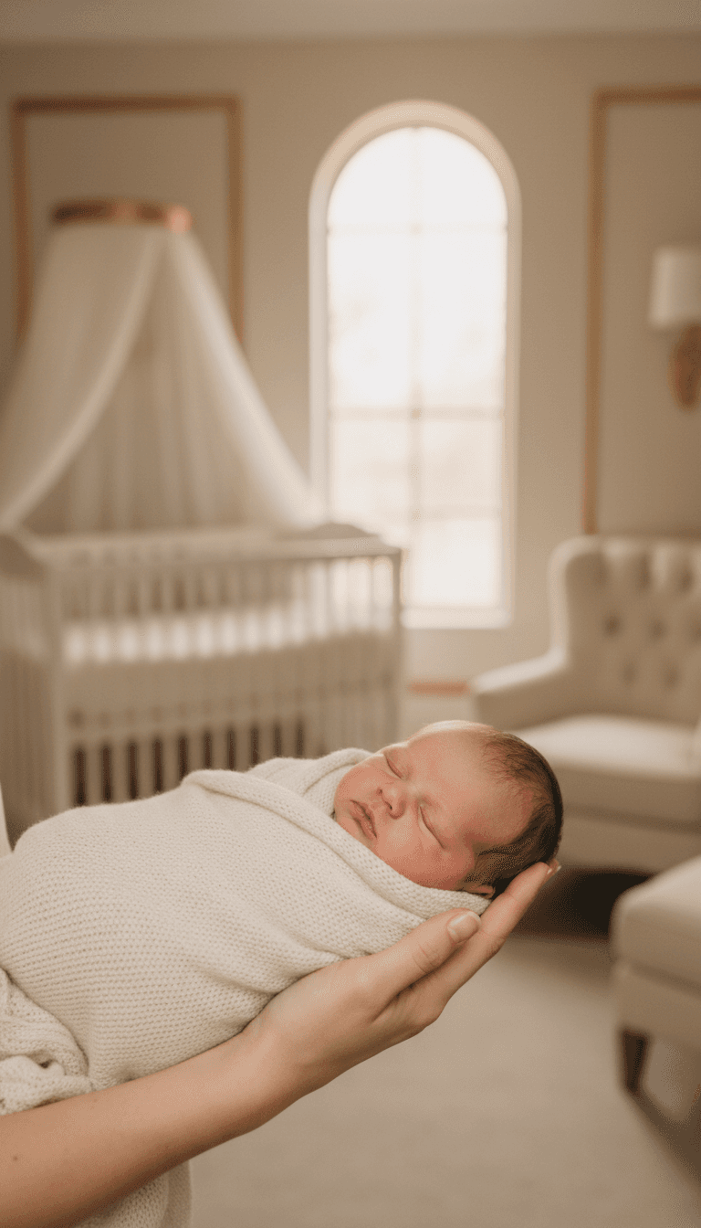 Caregiver holding a sleeping newborn in a serene nursery