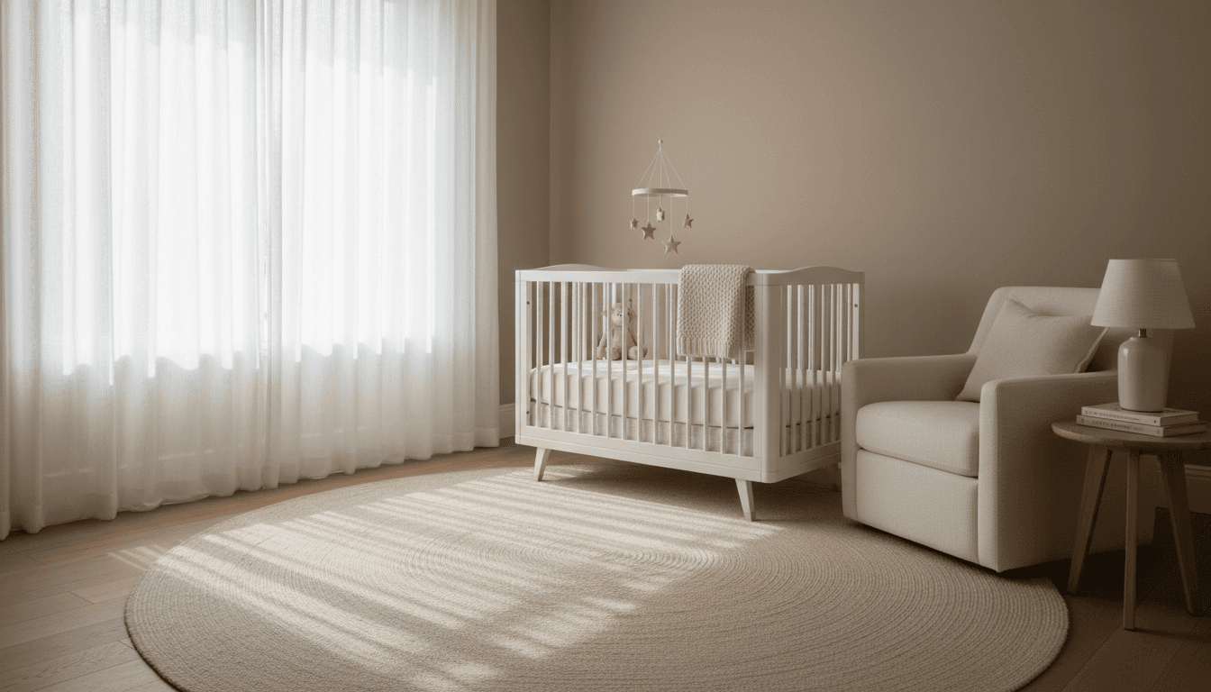 Serene luxury nursery with soft morning light and elegant furnishings