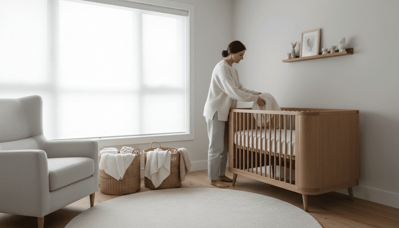 Serene, elegant nursery with soft natural light and refined interior