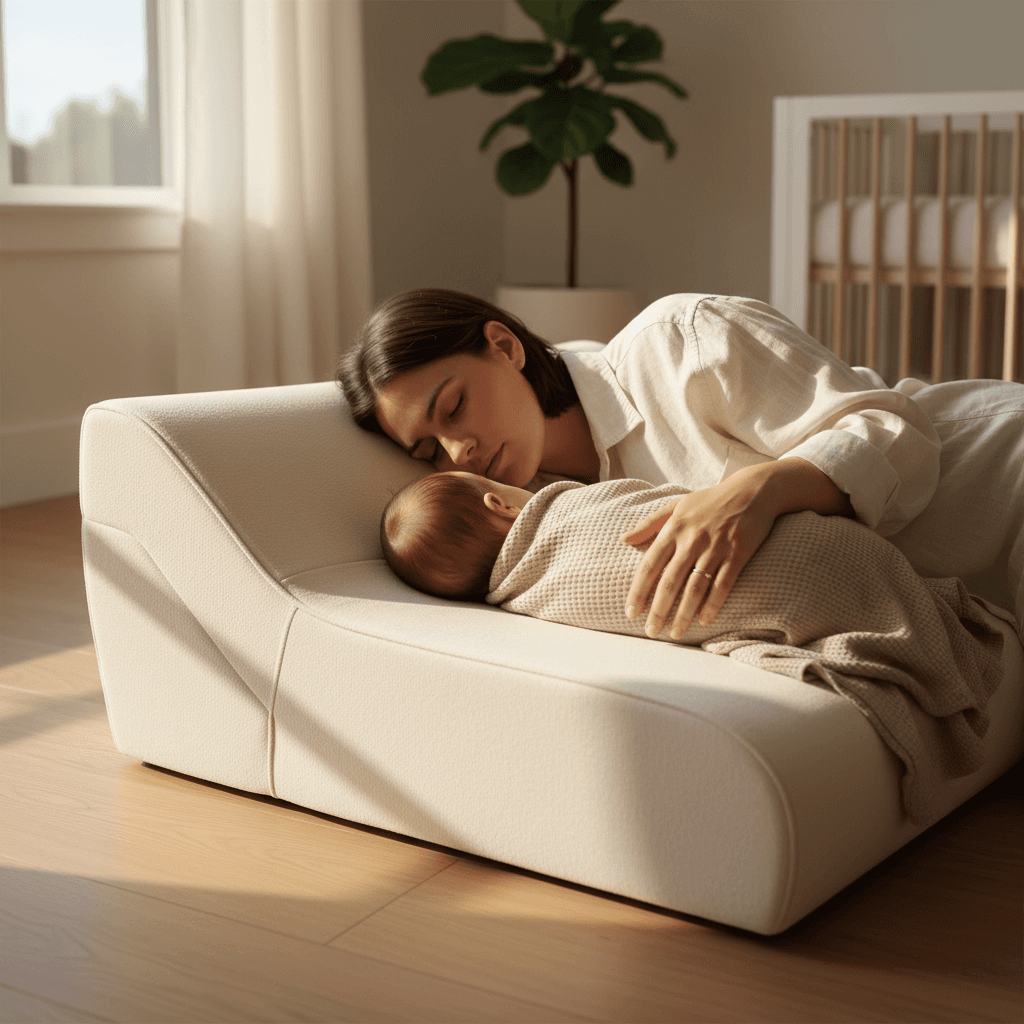 Caregiver cradling a sleeping baby in a spacious first class airplane cabin