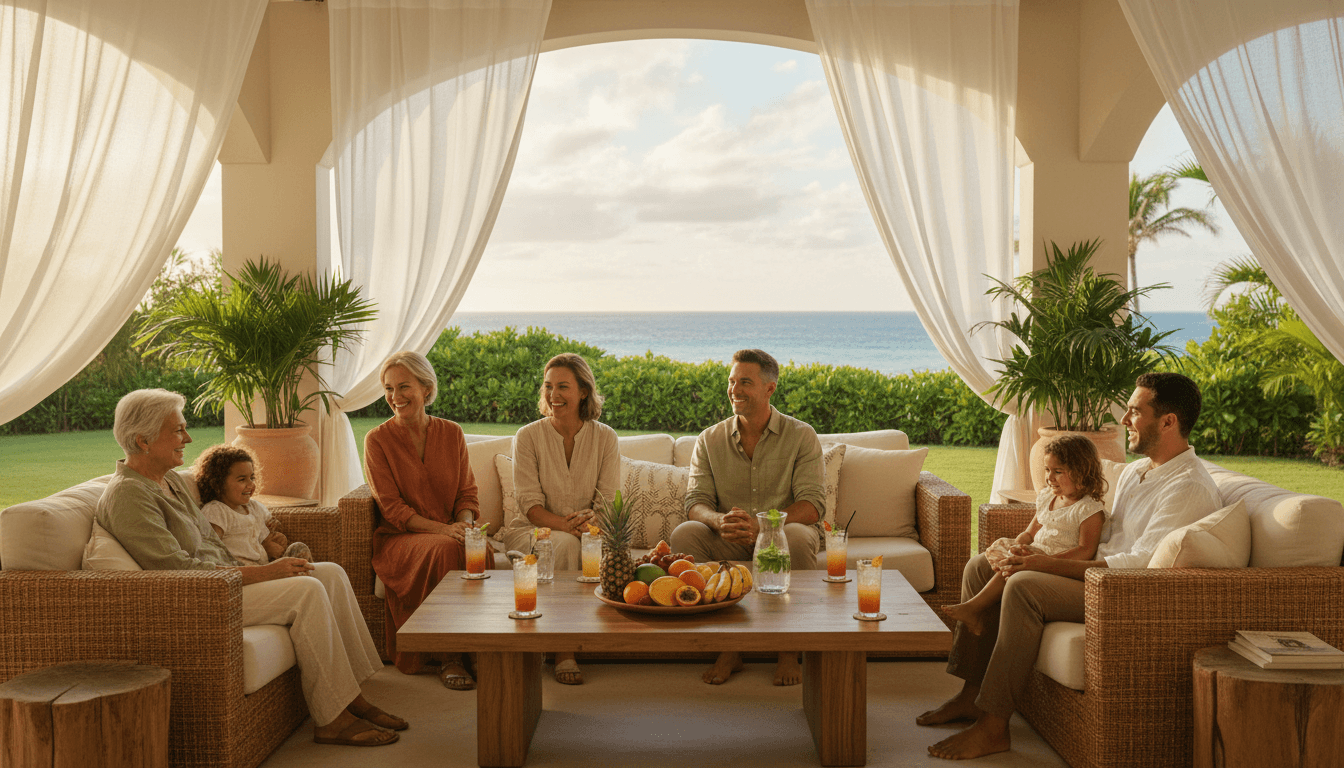 Family walking through a bright, luxurious resort lobby with warm, natural light