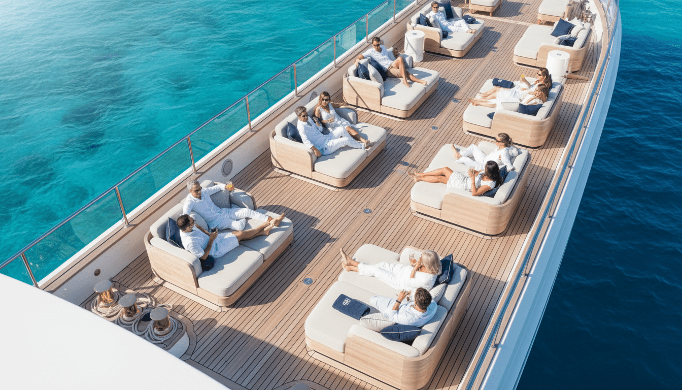 Family and a nanny relaxing on an elegant yacht deck as the sun sets