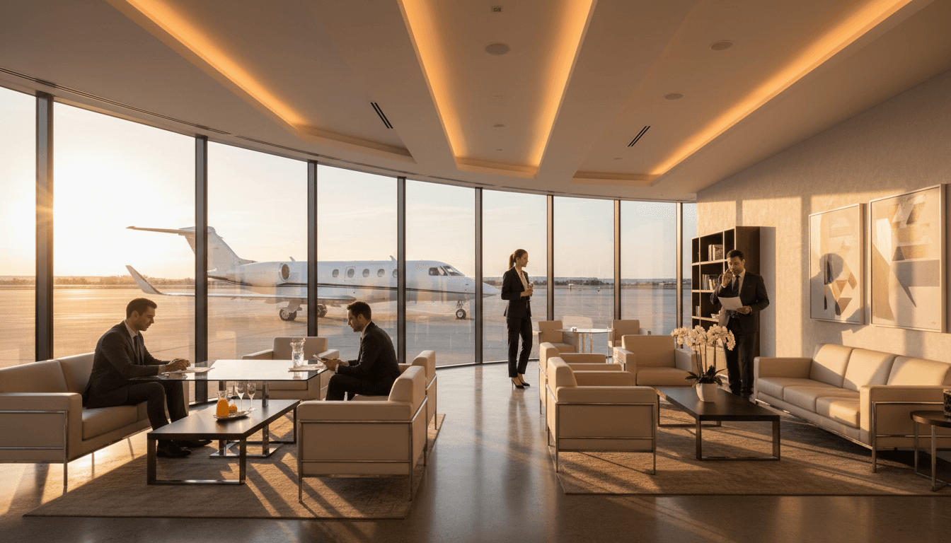 Elegant mother with child watching a private jet from an upscale airport lounge