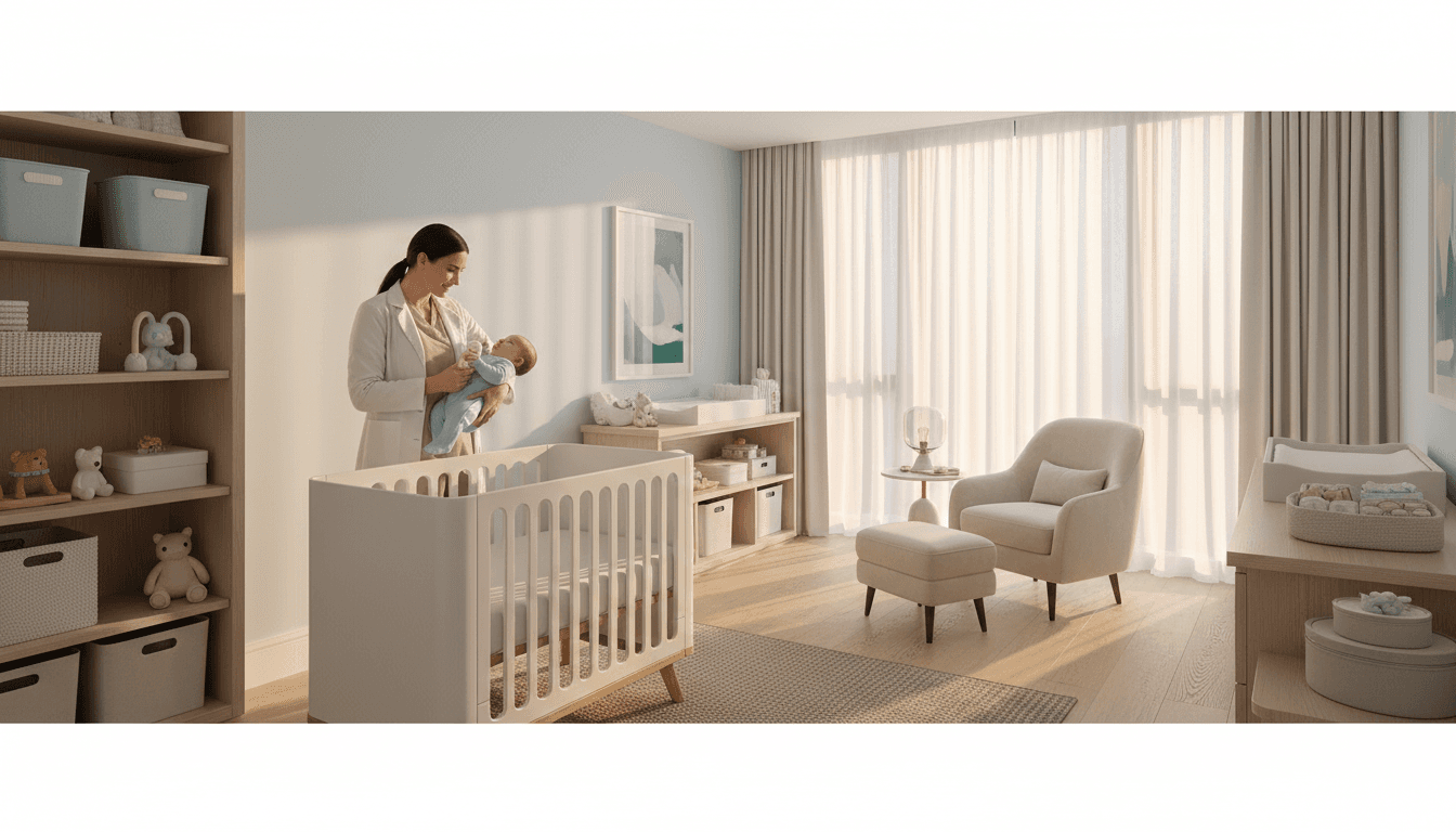 Elegant nanny holding a newborn in a bright luxury nursery with soft natural light