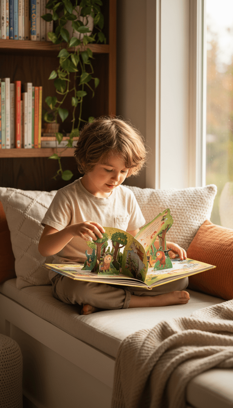 Nanny reading a book to a calm toddler inside a private jet cabin