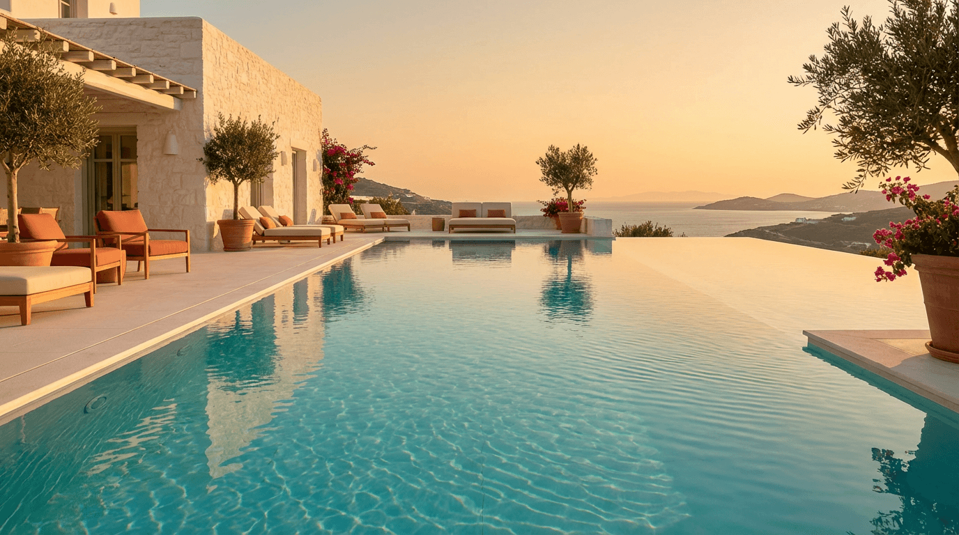 Children playing in a private infinity pool at a luxury villa overlooking the ocean